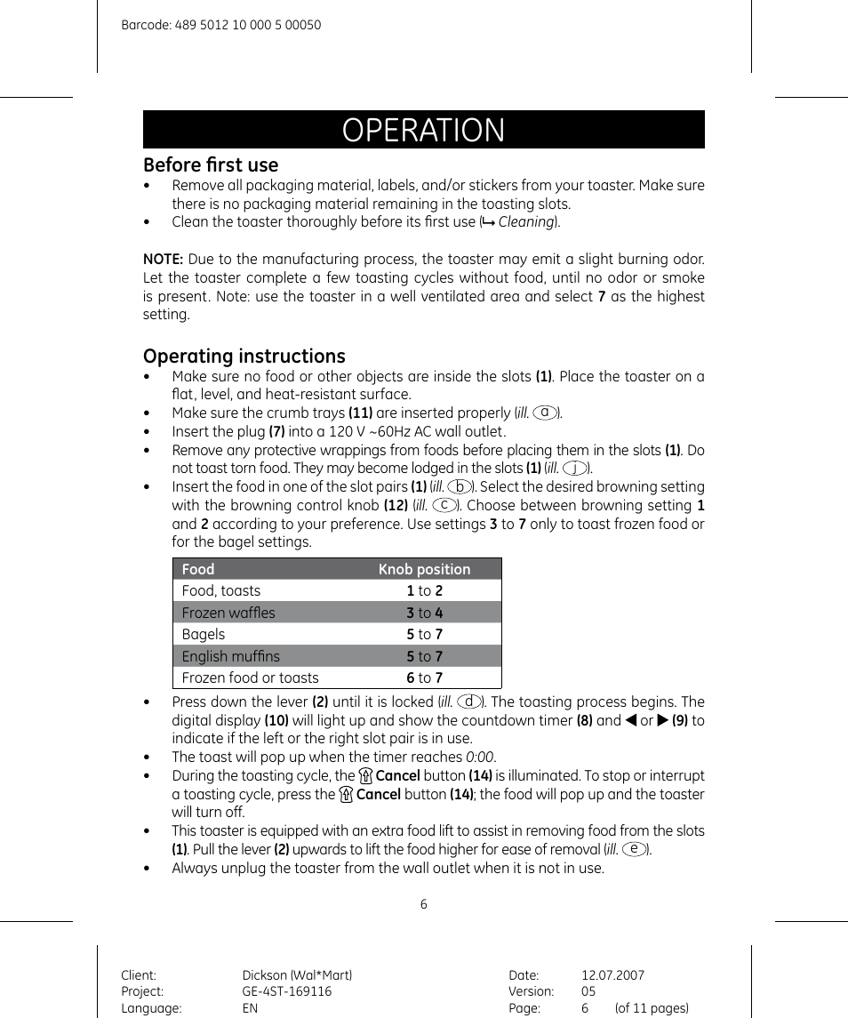 Operation, Before first use, Operating instructions | GE 681131691154 User Manual | Page 6 / 11