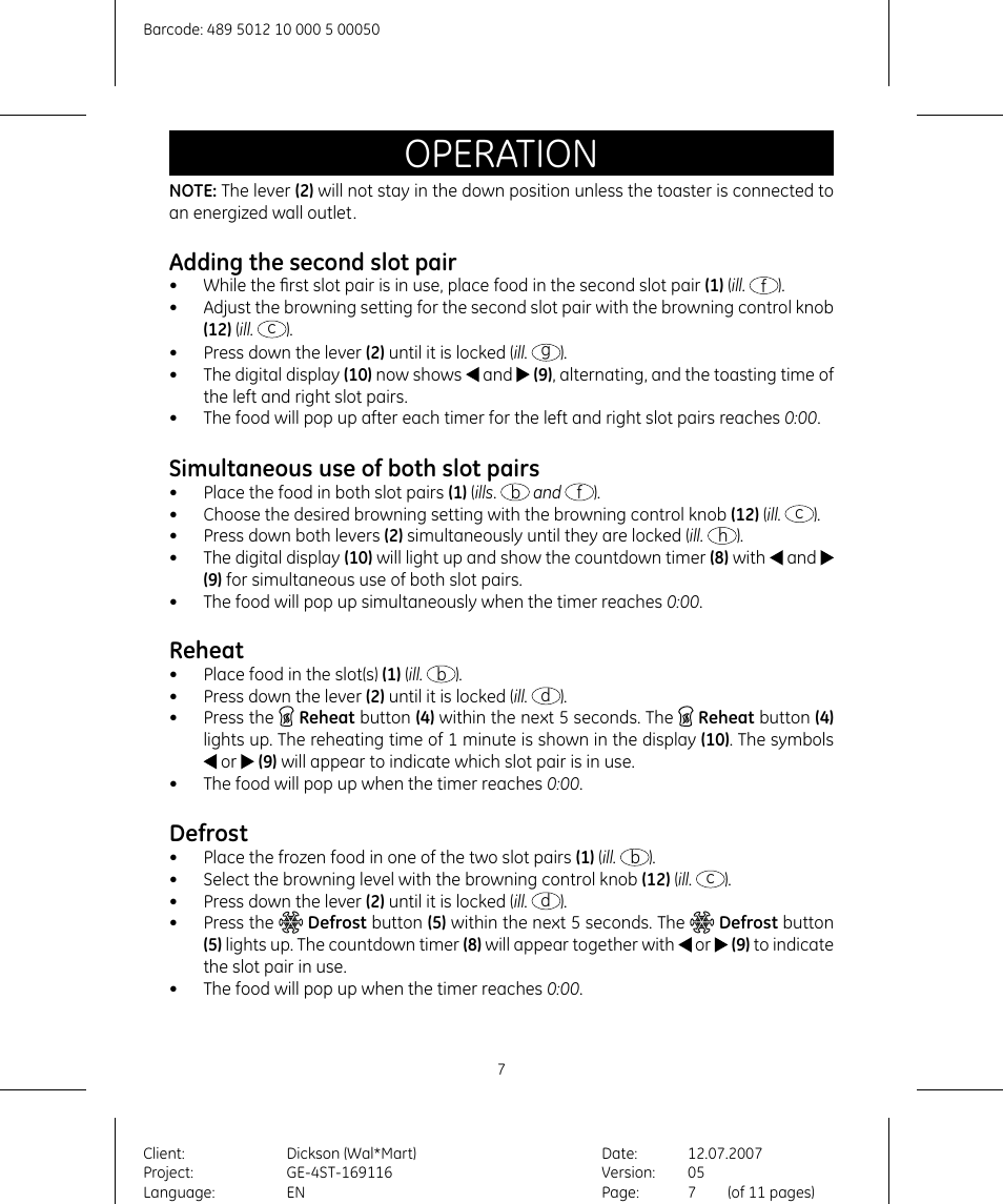 Operation, Adding the second slot pair, Simultaneous use of both slot pairs | Reheat, Defrost | GE 681131691154 User Manual | Page 7 / 11