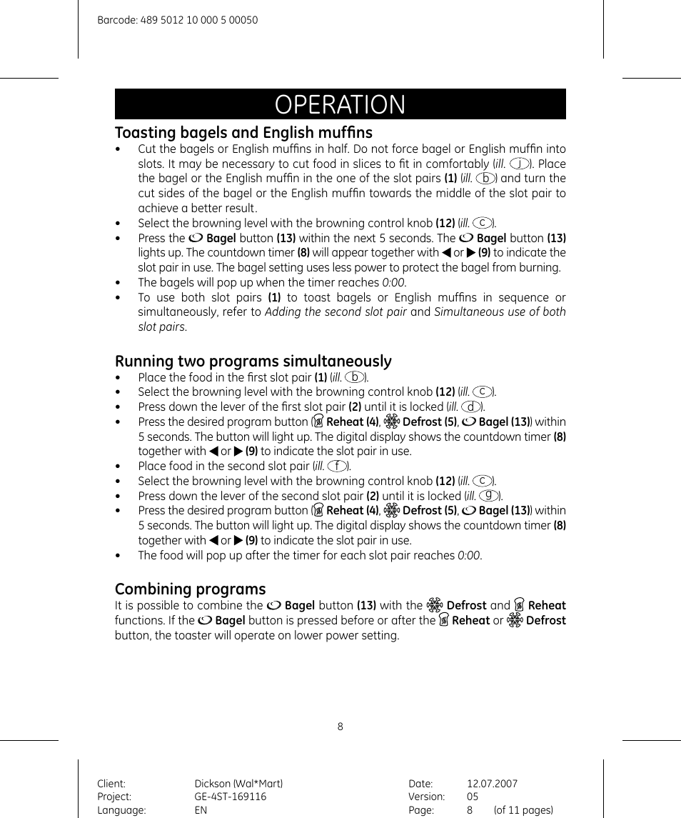 Operation, Toasting bagels and english muffins, Running two programs simultaneously | Combining programs | GE 681131691154 User Manual | Page 8 / 11