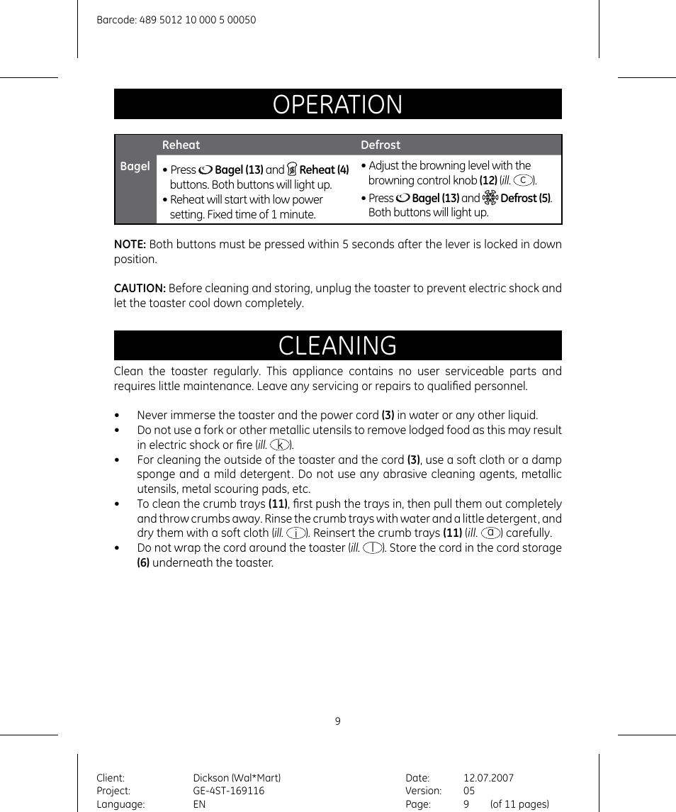 Operation, Cleaning | GE 681131691154 User Manual | Page 9 / 11