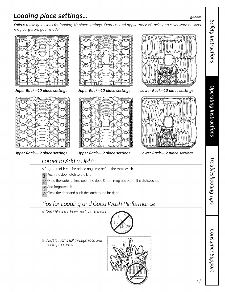 Forget to add a dish, Tips for loading and good wash performance, Loading place settings | GE ADW! 000 SERIES User Manual | Page 11 / 16