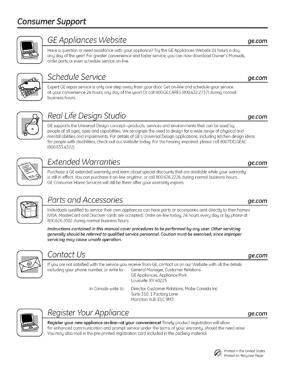Ge appliances website, Schedule service, Real life design studio | Extended warranties, Parts and accessories, Contact us, Register your appliance, Consumer support | GE ADW! 000 SERIES User Manual | Page 16 / 16