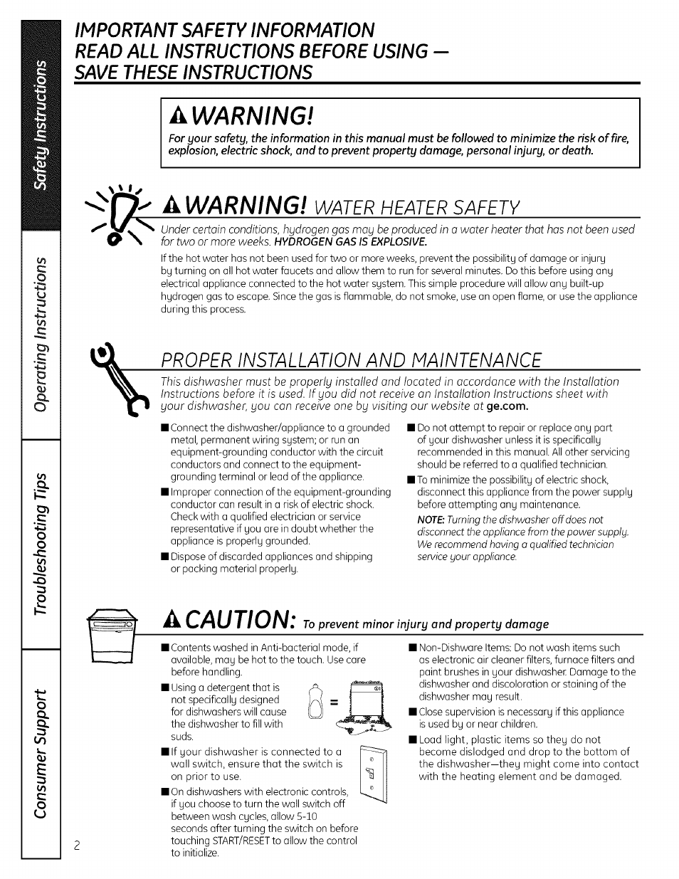 A warning, Warning, A caution | Water heater safety, Proper installation and maintenance | GE ADW! 000 SERIES User Manual | Page 2 / 16