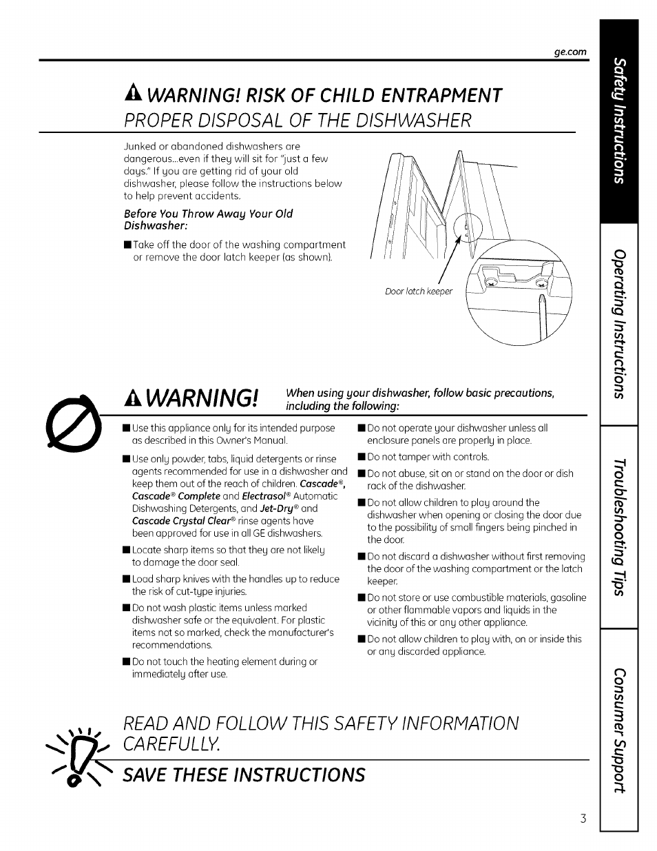 A warning, Proper disposal of the dishwasher, Read and follow this safety information carefully | Warning! risk of child entrapment, Save these instructions | GE ADW! 000 SERIES User Manual | Page 3 / 16