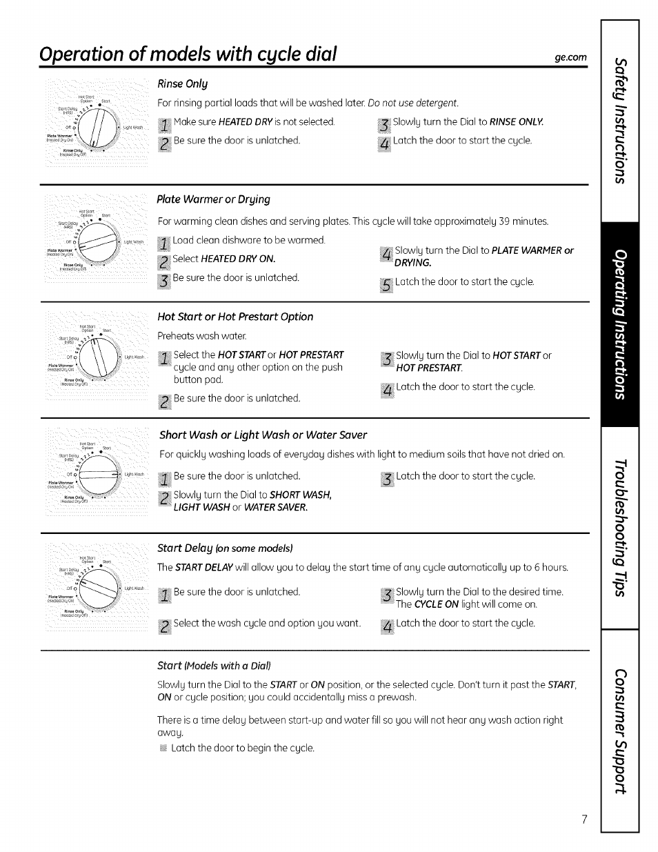 Operation of models with cycle dial | GE ADW! 000 SERIES User Manual | Page 7 / 16
