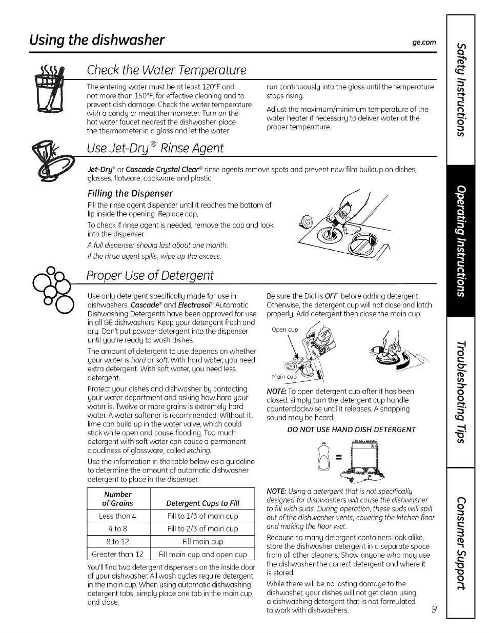 Check the water temperature, Use jet-drp ® rinse agent, Proper use of detergent | Using the dishwasher, Use jet-drp, Rinse agent | GE ADW! 000 SERIES User Manual | Page 9 / 16
