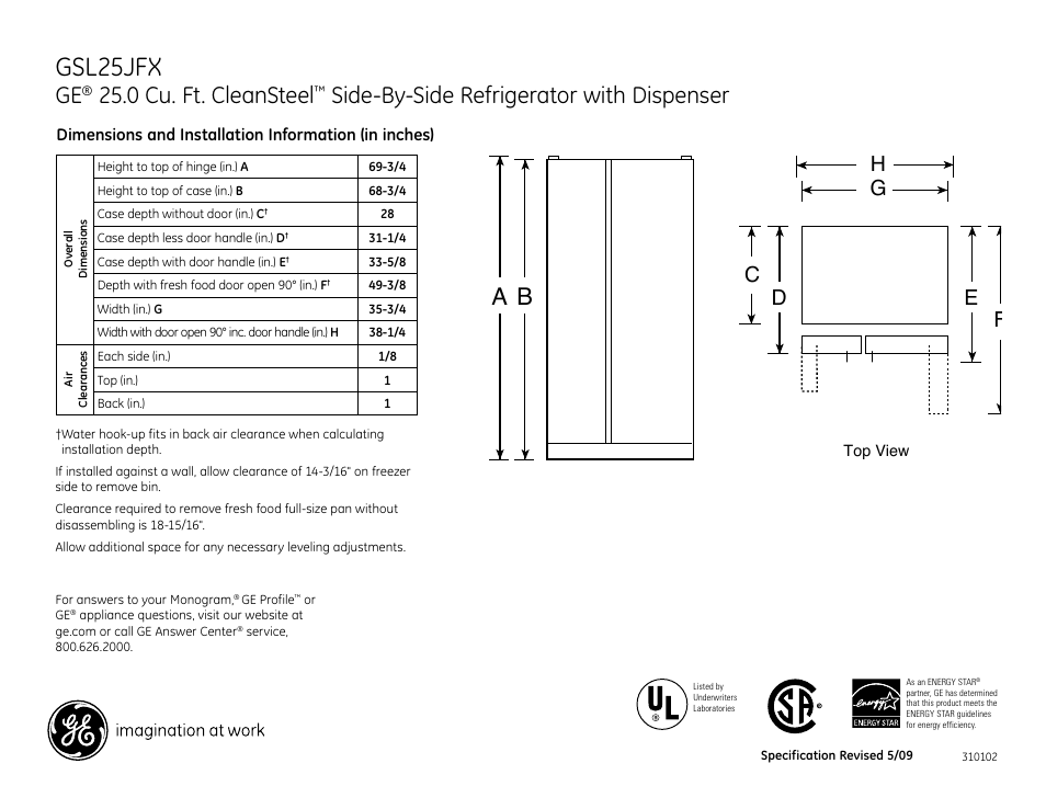 GE CleanSteel GSL25JFX User Manual | 2 pages