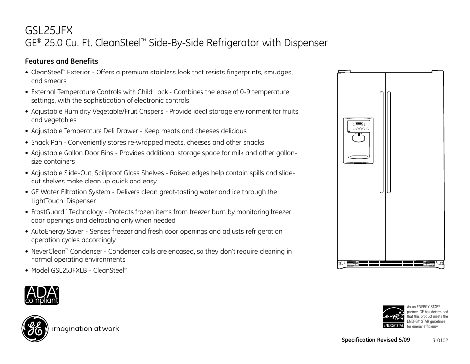 Gsl25jfx, 0 cu. ft. cleansteel, Side-by-side refrigerator with dispenser | GE CleanSteel GSL25JFX User Manual | Page 2 / 2
