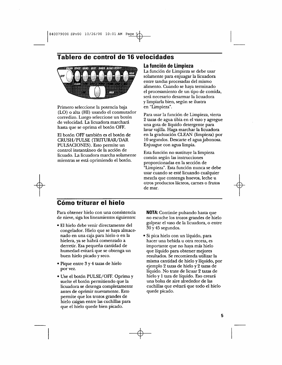 Tablero de control de 16 velocidades, Cómo triturar el hielo | GE 106601 User Manual | Page 15 / 20