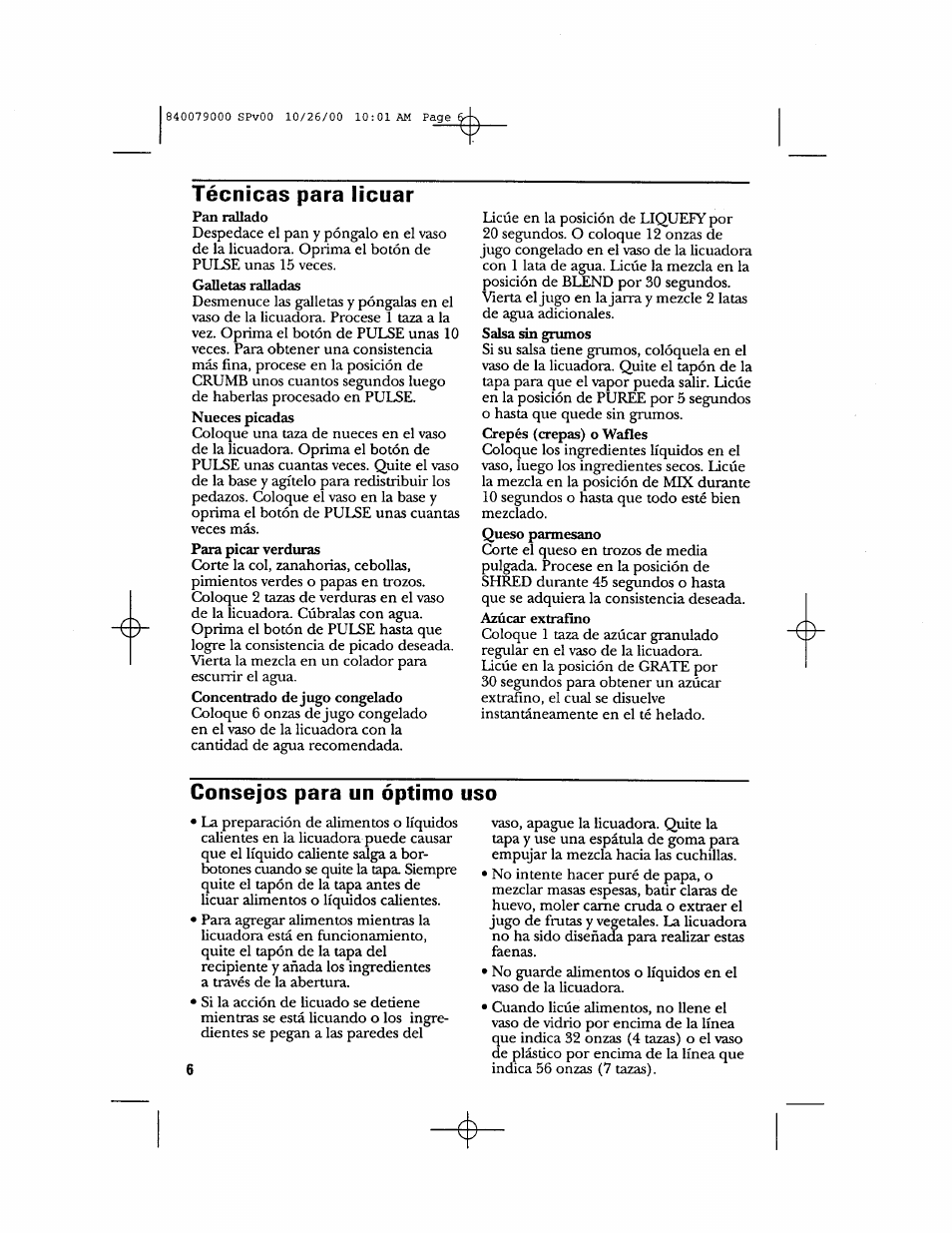 Técnicas para licuar, Consejos para un óptimo uso | GE 106601 User Manual | Page 16 / 20