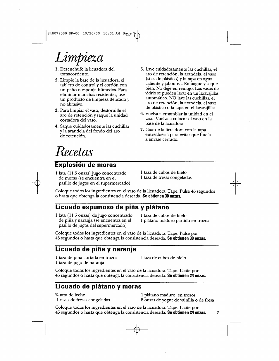 Explosión de moras, Licuado espumoso de piña y plátano, Licuado de piña y naranja | Licuado de plátano y moras, Limpieza, Recetas | GE 106601 User Manual | Page 17 / 20