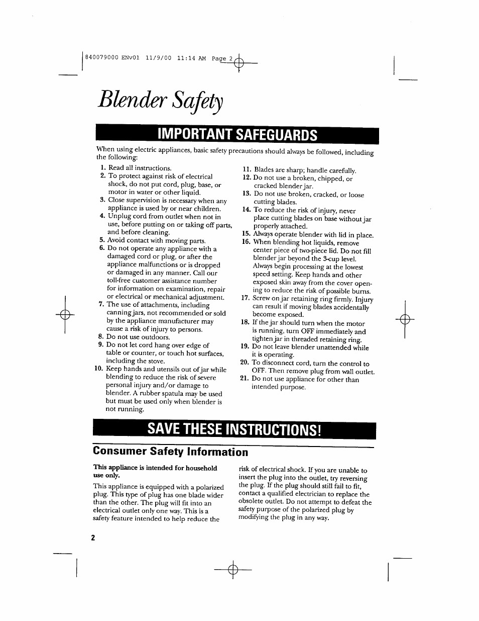 Consumer safety information, Blender safety, Important safeguards | Save these instructions | GE 106601 User Manual | Page 2 / 20