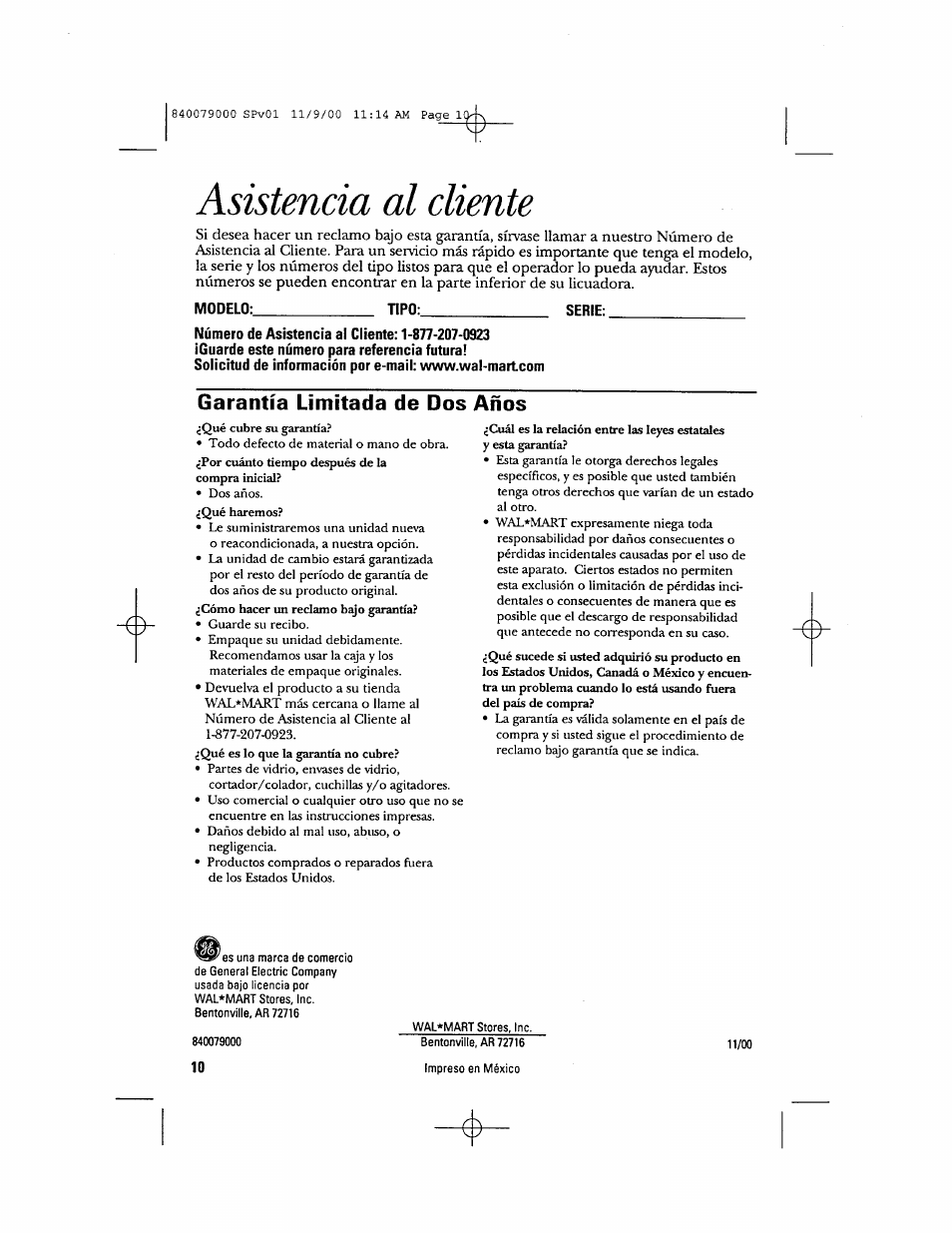 Garantía limitada de dos años, Asistencia al cliente | GE 106601 User Manual | Page 20 / 20