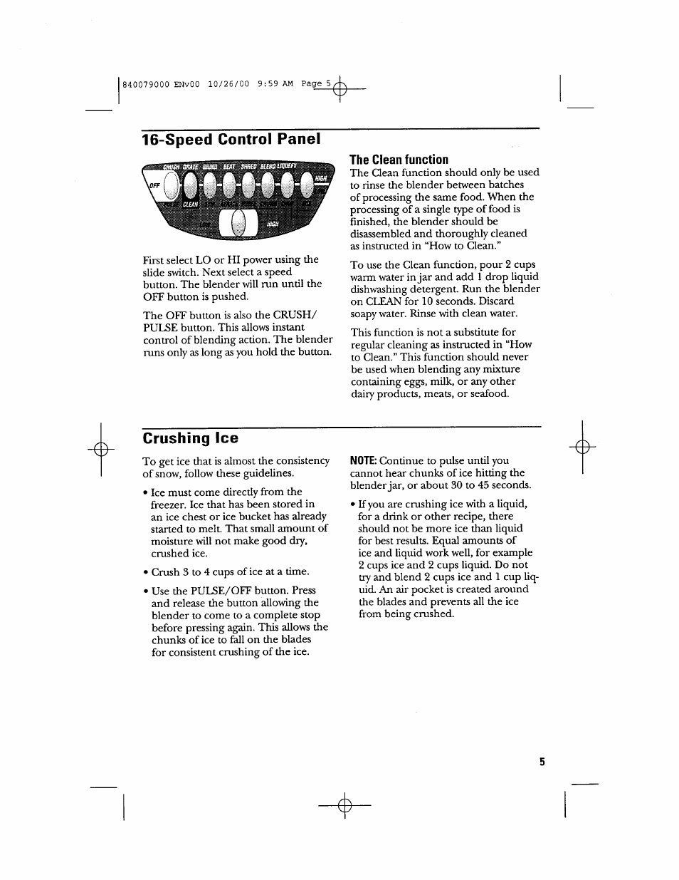 Speed control panel, Crushing ice | GE 106601 User Manual | Page 5 / 20