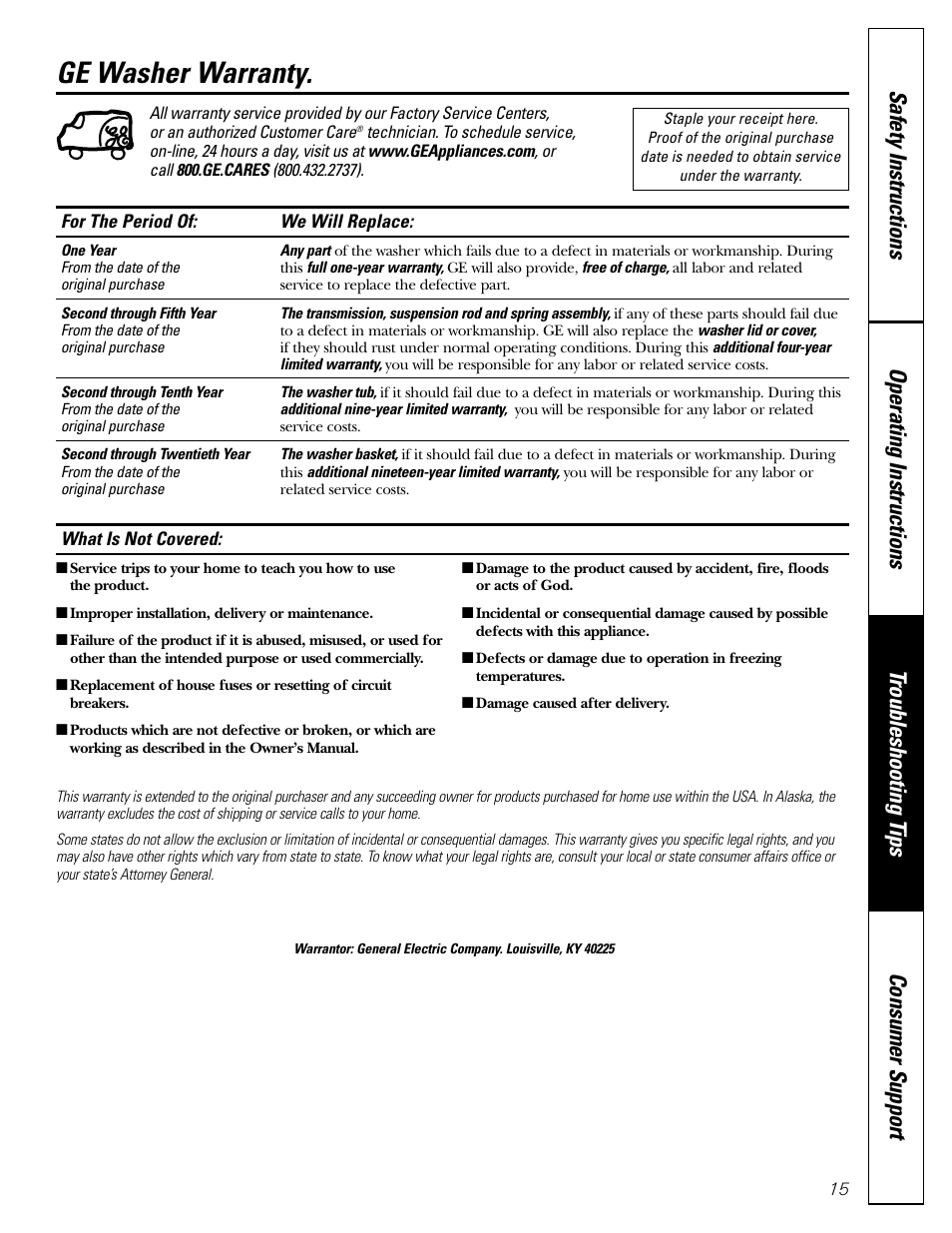 Warranty, Ge washer warranty | GE WZRE5260 User Manual | Page 15 / 16