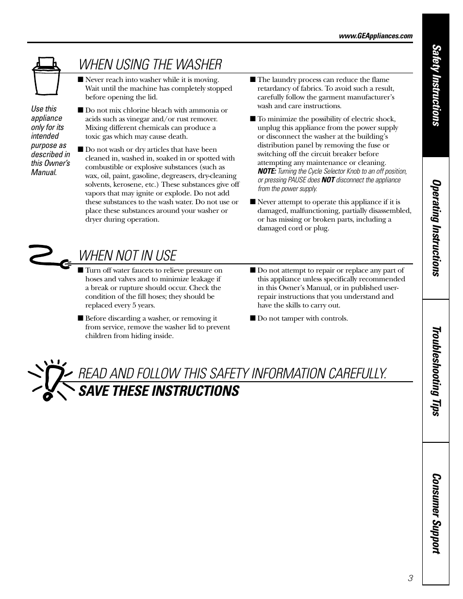 When using the washer, When not in use | GE WZRE5260 User Manual | Page 3 / 16