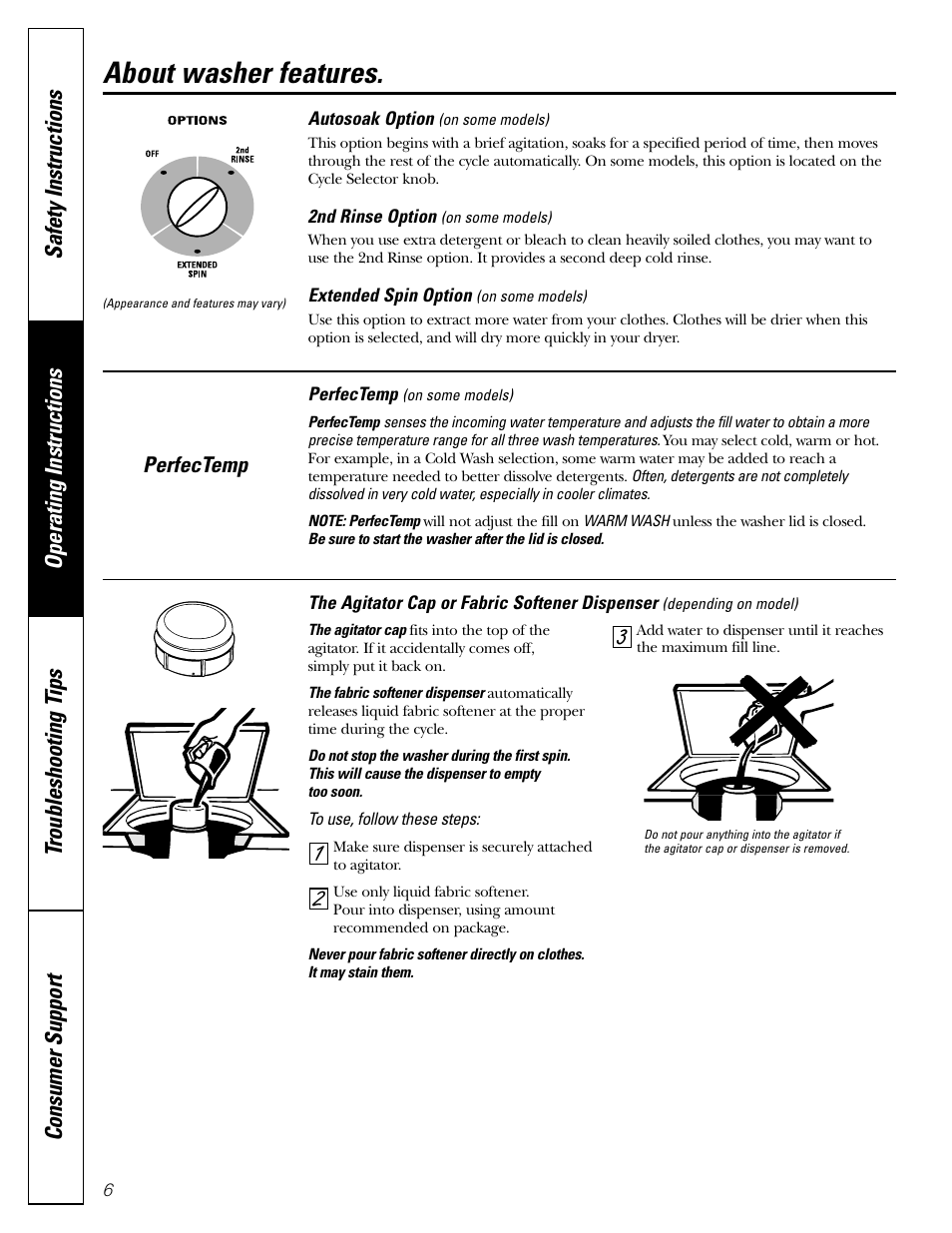 Features, Features , 7, About washer features | GE WZRE5260 User Manual | Page 6 / 16