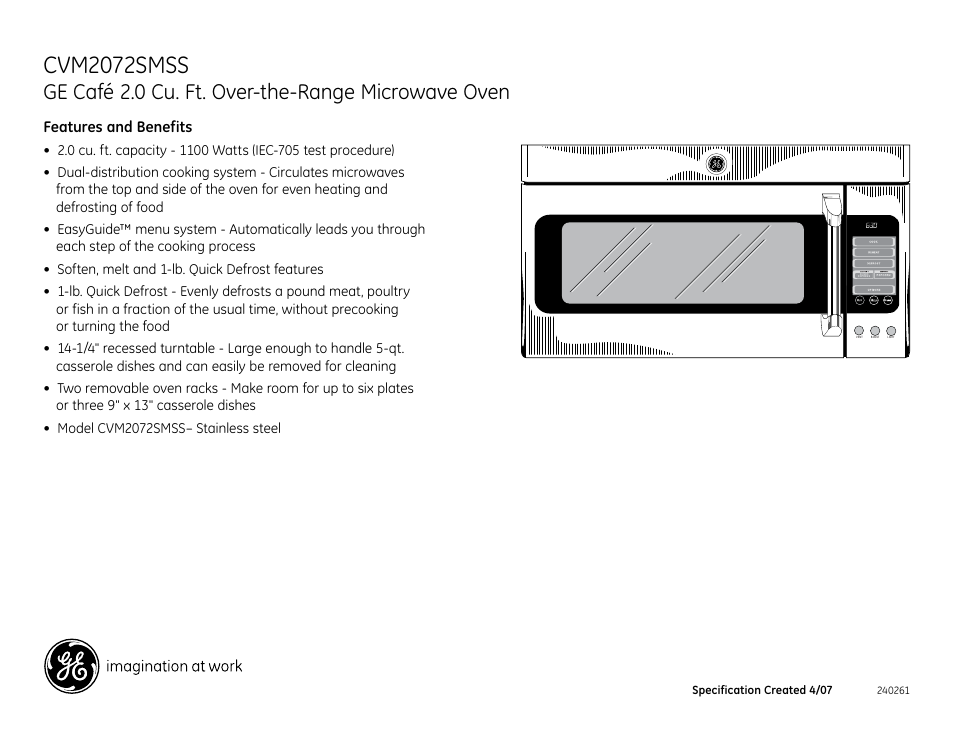 Cvm2072smss, Ge café 2.0 cu. ft. over-the-range microwave oven, Features and benefits | GE CVM2072SMSS User Manual | Page 3 / 3