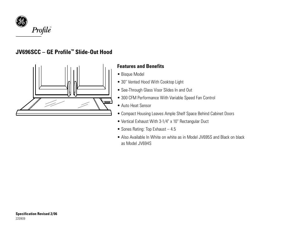 Jv696scc – ge profile, Slide-out hood | GE Profile JV696SCC User Manual | Page 2 / 2