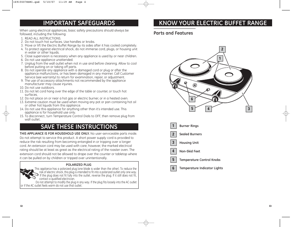 Know your electric buffet range, Important safeguards, Save these instructions | GE 681131691550 User Manual | Page 2 / 3