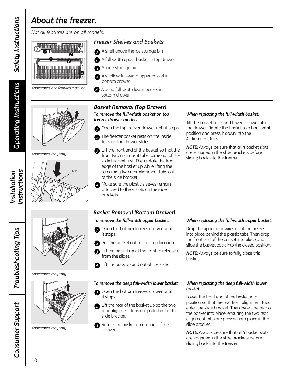 Freezer, About the freezer | GE 225D1804P001 User Manual | Page 10 / 128