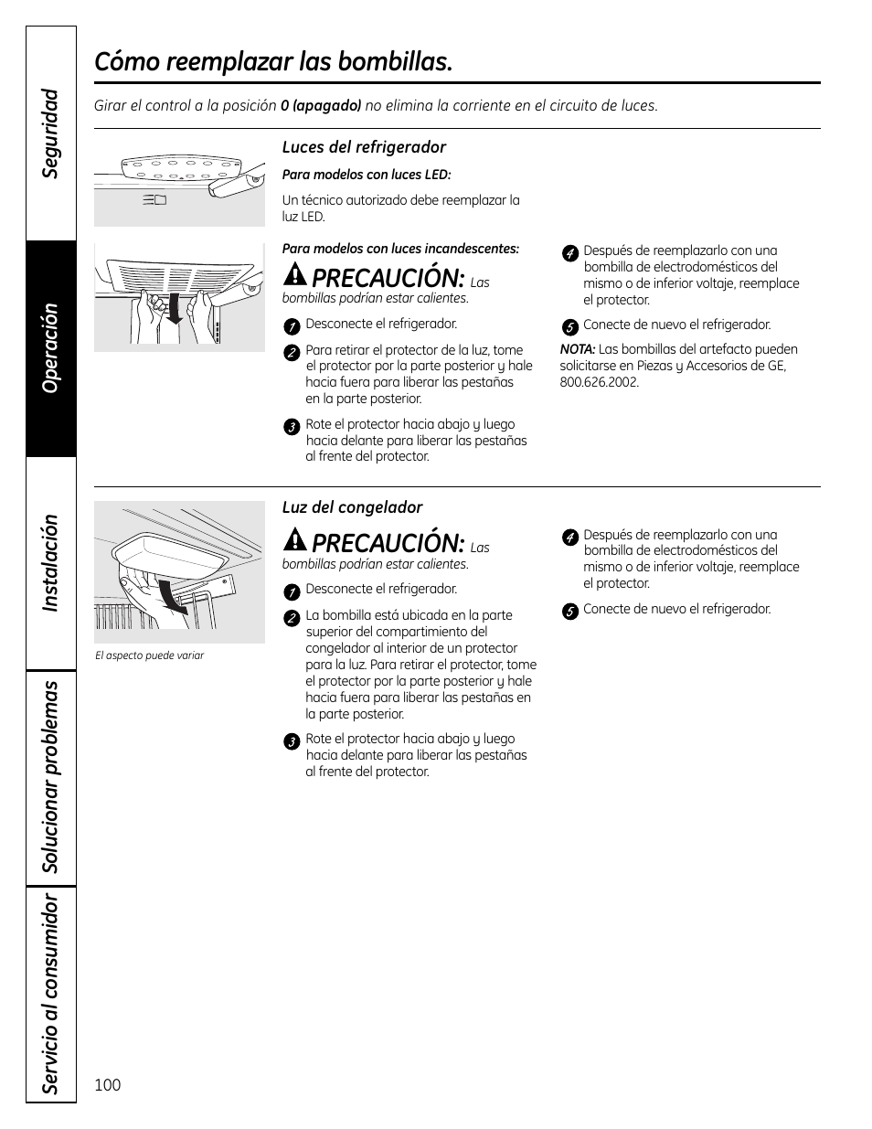 Cómo reemplazar las bombillas de luz, Cómo reemplazar las bombillas, Precaución | GE 225D1804P001 User Manual | Page 100 / 128