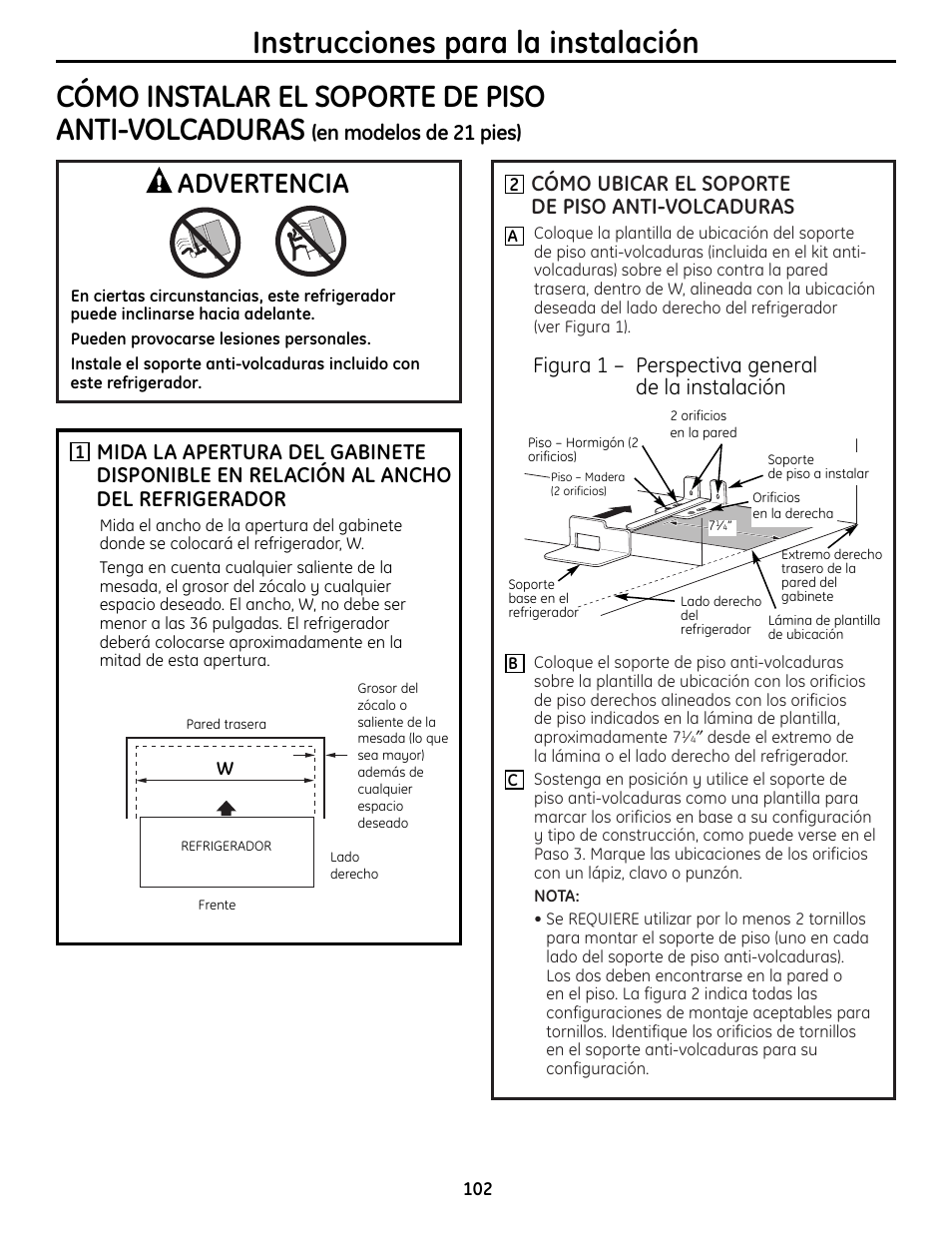 Cómo instalar el soporte de piso anti-volcaduras, Advertencia, Cómo ubicar el soporte de piso anti-volcaduras | Figura 1 – perspectiva general de la instalación, En modelos de 21 pies) | GE 225D1804P001 User Manual | Page 102 / 128