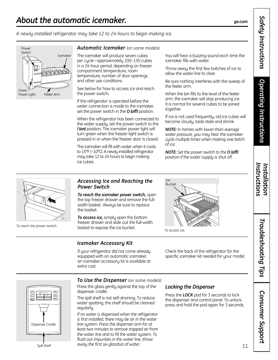 Automatic icemaker, Automatic icemaker , 12, About the automatic icemaker | Accessing ice and reaching the power switch, Icemaker accessory kit, Locking the dispenser | GE 225D1804P001 User Manual | Page 11 / 128