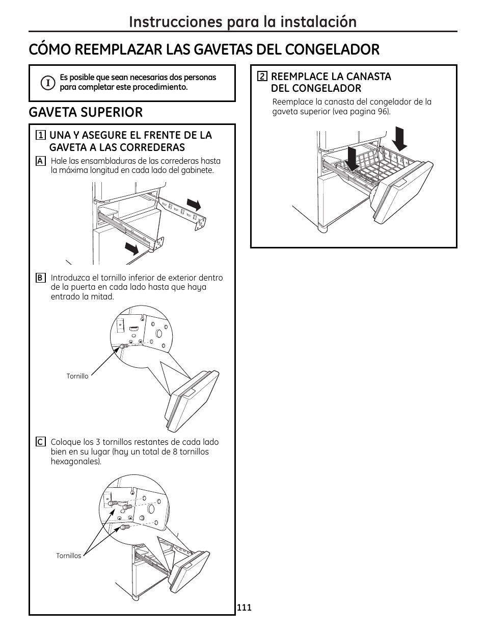 Cómo reemplazar las gavetas del congelador, Cómo reemplazar las gavetas del congelador , 112, Gaveta superior | GE 225D1804P001 User Manual | Page 111 / 128