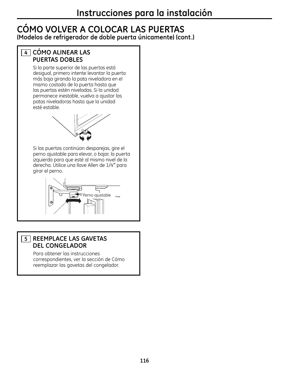 Instrucciones para la instalación, Cómo volver a colocar las puertas | GE 225D1804P001 User Manual | Page 116 / 128