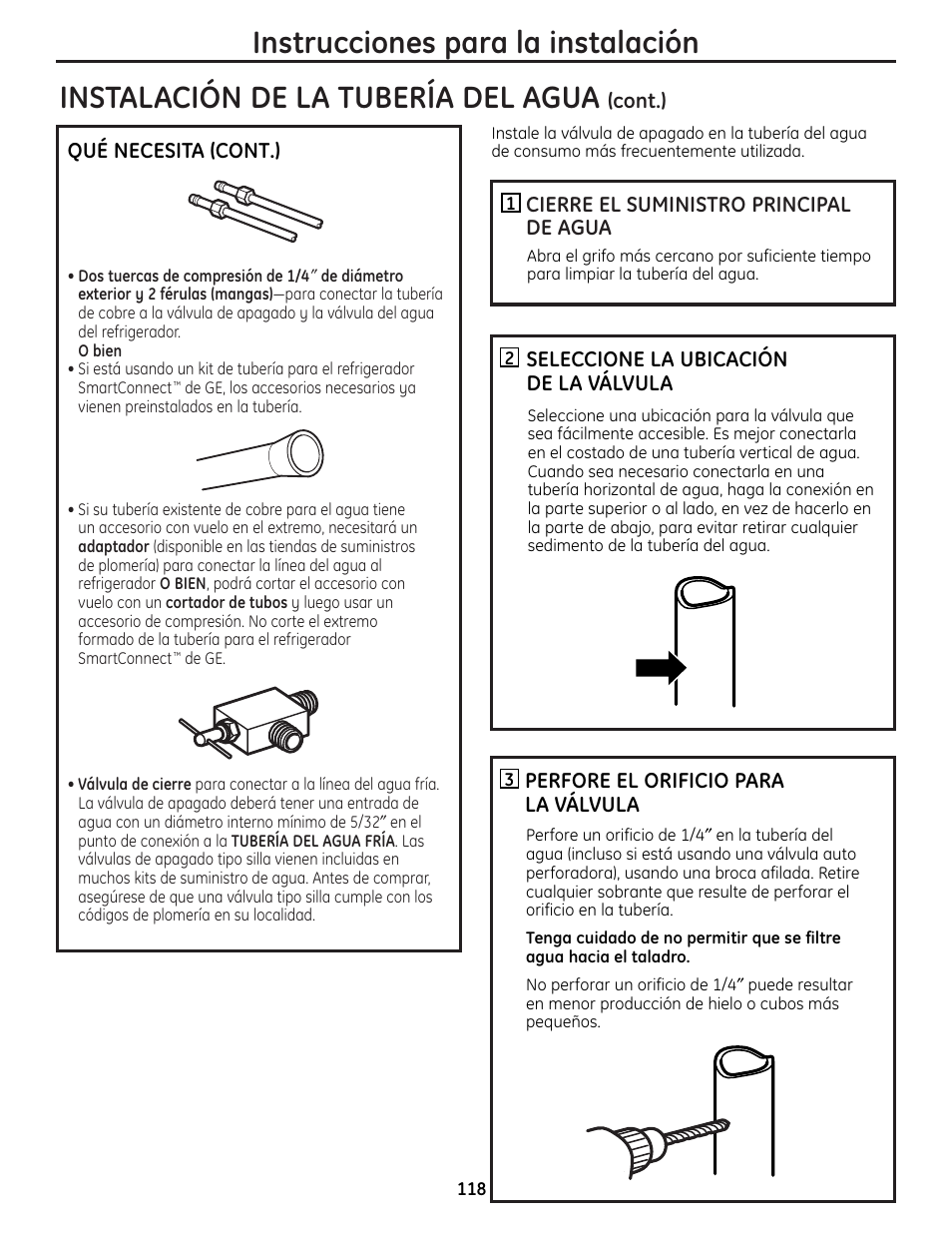 Instalación de la tubería del agua, Instrucciones para la instalación | GE 225D1804P001 User Manual | Page 118 / 128