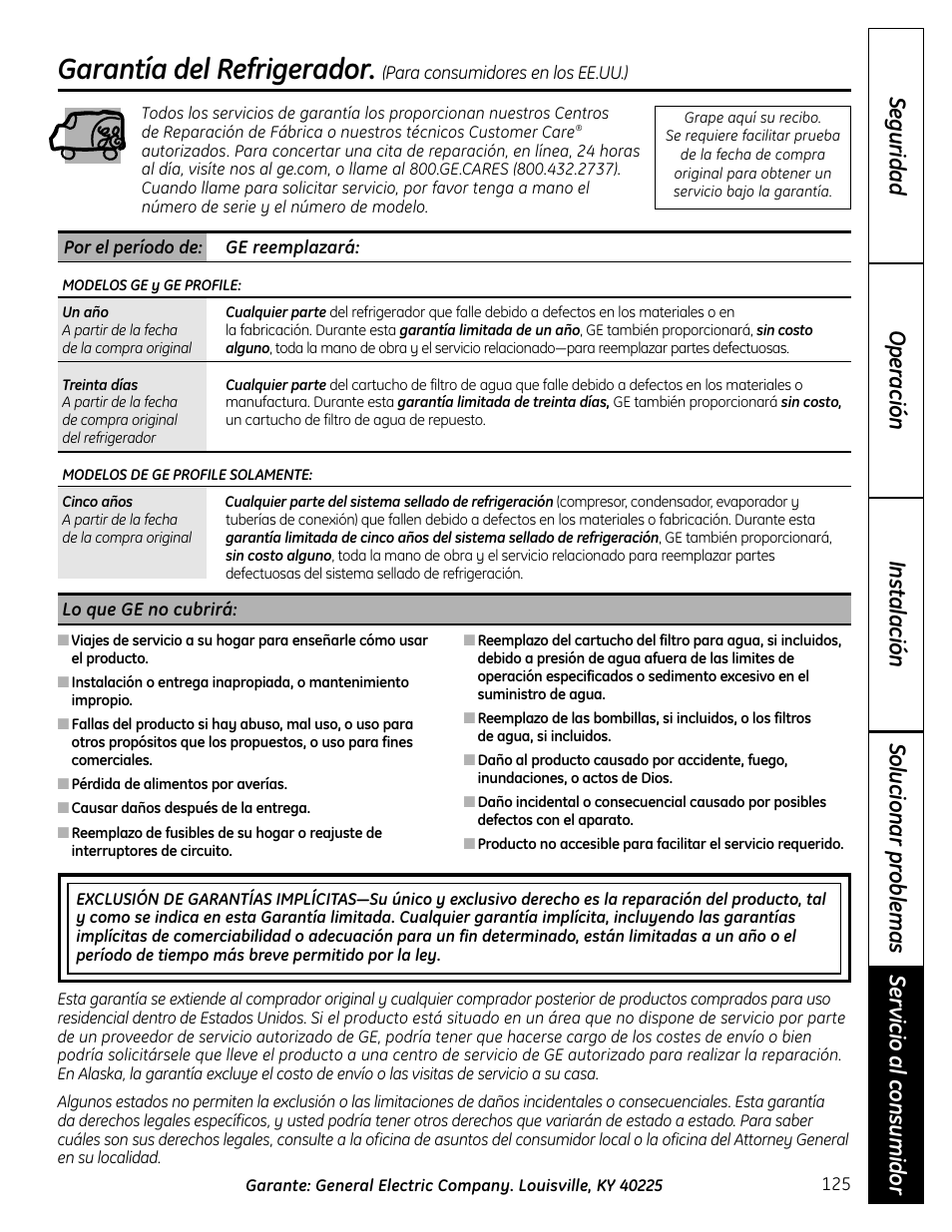 Garantía para consumidores en los estados unidos, Garantía del refrigerador | GE 225D1804P001 User Manual | Page 125 / 128