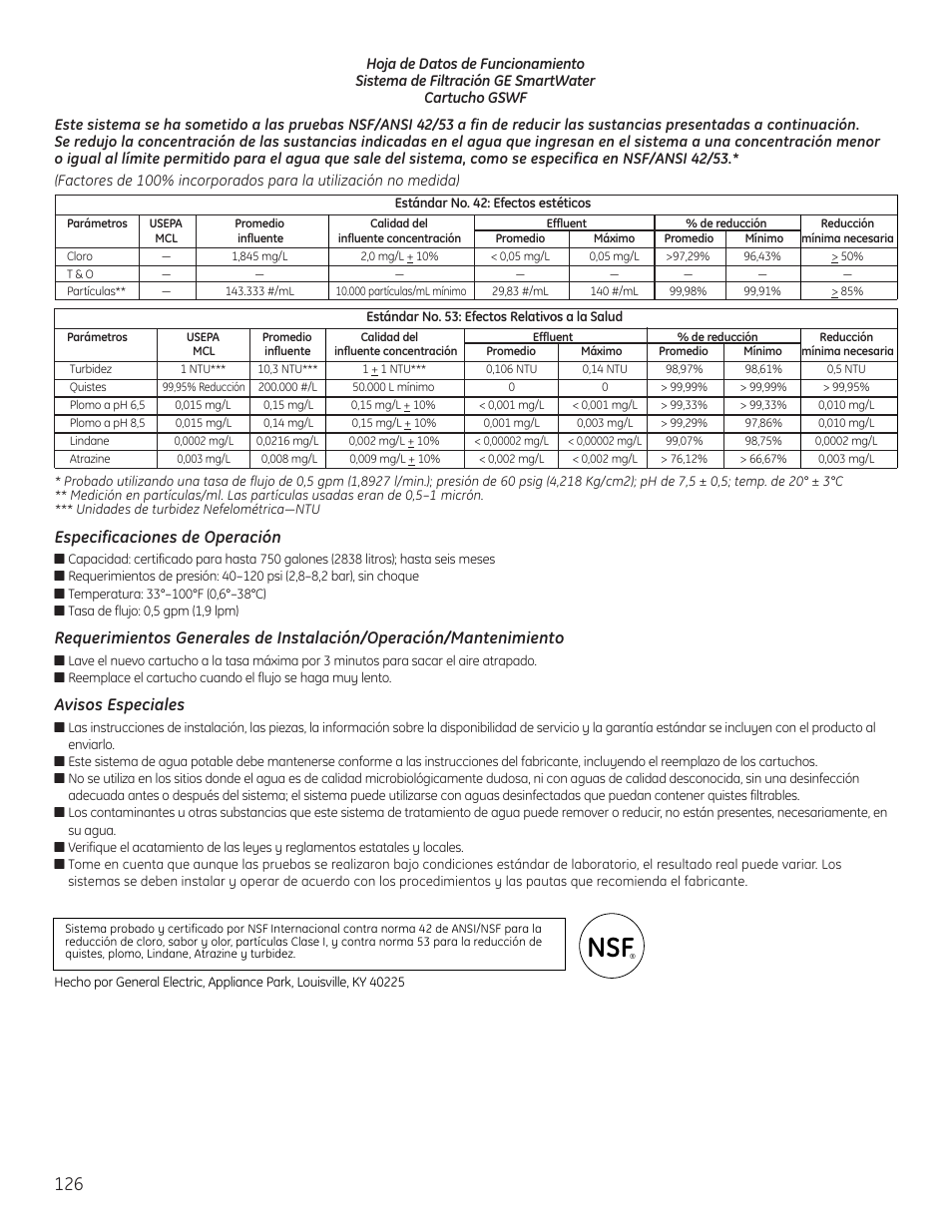 Hoja de datos de funcionamiento, Especificaciones de operación, Avisos especiales | GE 225D1804P001 User Manual | Page 126 / 128