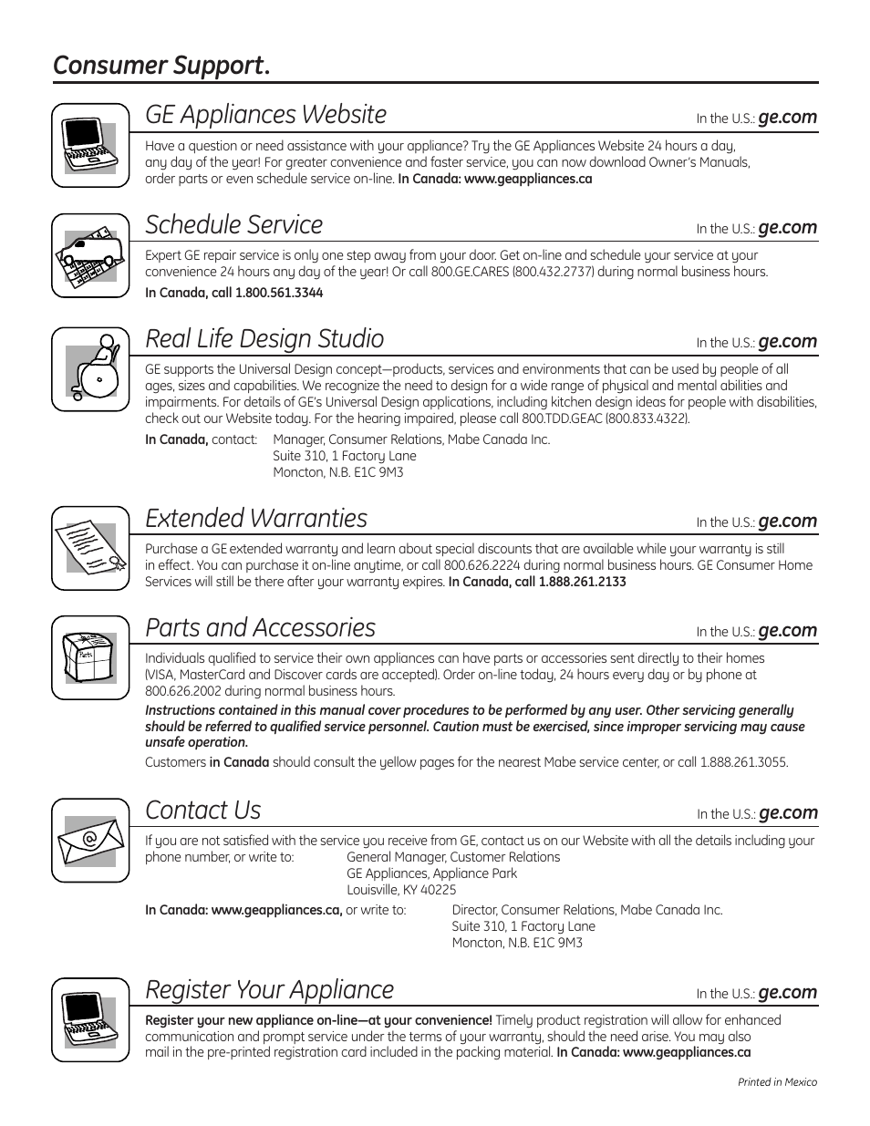 Consumer support, Consumer support . . . . . . . .back cover, Consumer support. ge appliances website | Schedule service, Real life design studio, Extended warranties, Parts and accessories, Contact us, Register your appliance | GE 225D1804P001 User Manual | Page 128 / 128