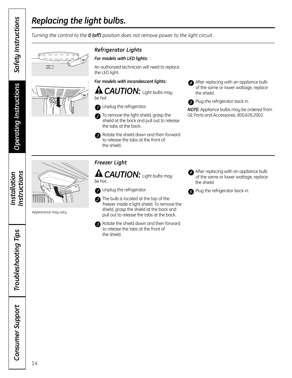 Replacing the light bulbs, Caution | GE 225D1804P001 User Manual | Page 14 / 128