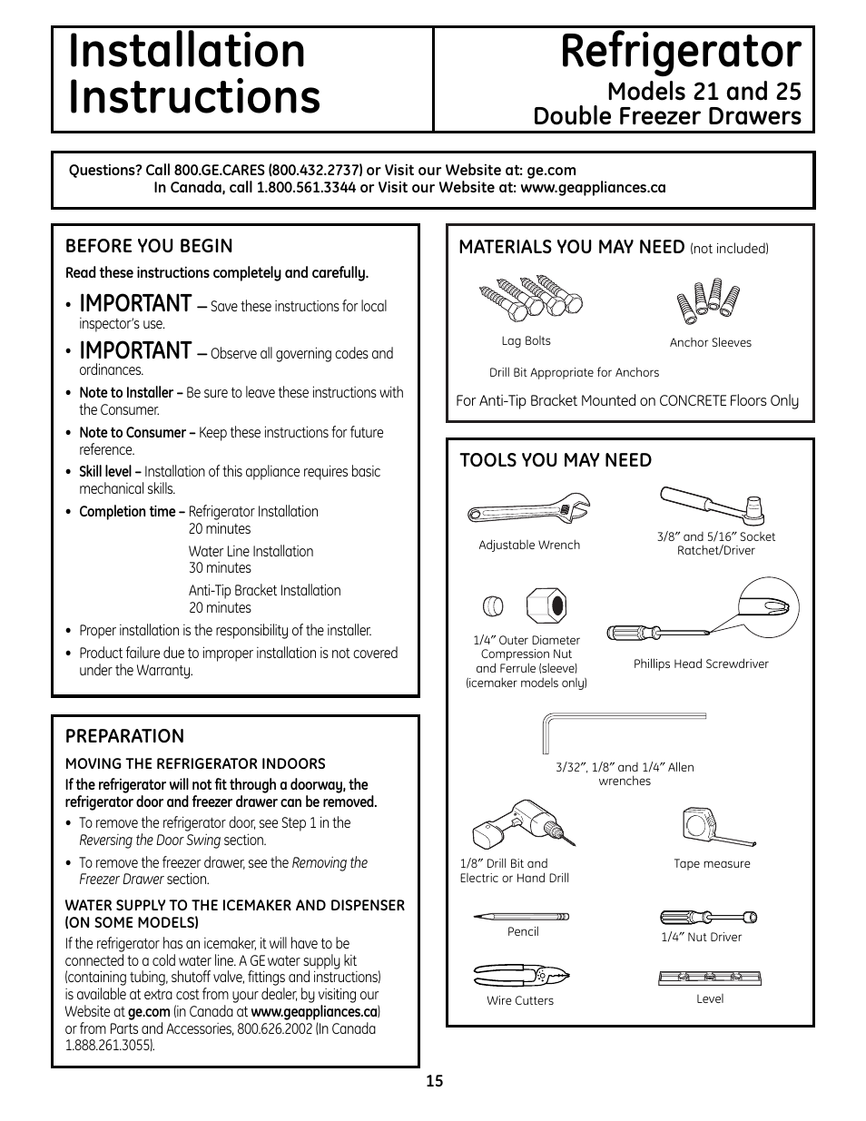 Preparing to install the refrigerator, Installation refrigerator instructions, Models 21 and 25 double freezer drawers | Important | GE 225D1804P001 User Manual | Page 15 / 128