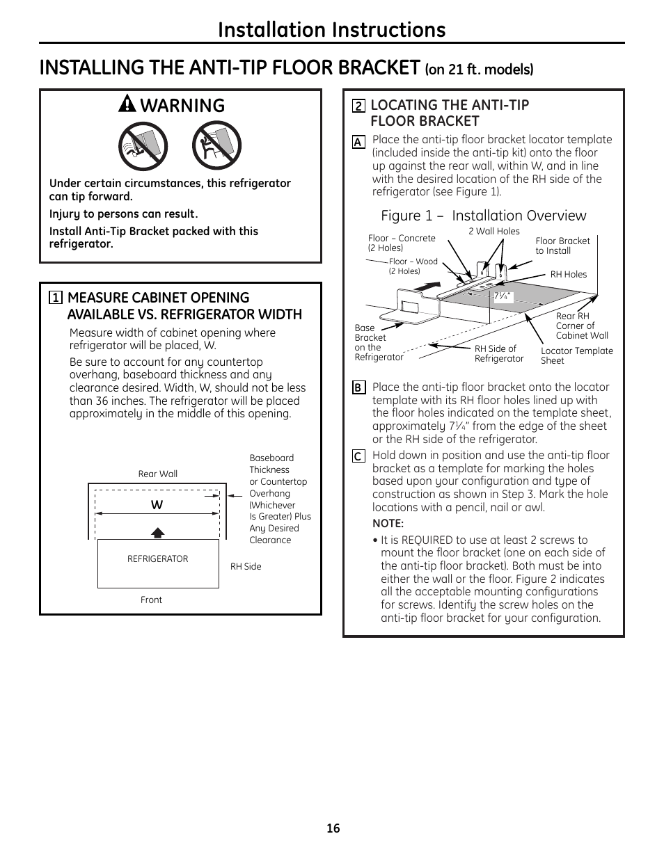 Installing the anti-tip floor bracket, Installing the anti-tip floor bracket –17, Warning | Locating the anti-tip floor bracket, Figure 1 – installation overview, On 21 ft. models) | GE 225D1804P001 User Manual | Page 16 / 128