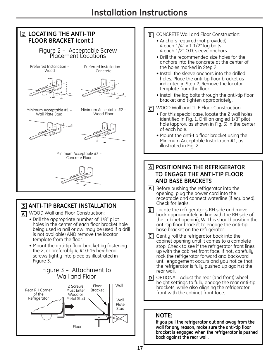 Installation instructions, Locating the anti-tip floor bracket (cont.), Figure 2 – acceptable screw placement locations | Anti-tip bracket installation | GE 225D1804P001 User Manual | Page 17 / 128