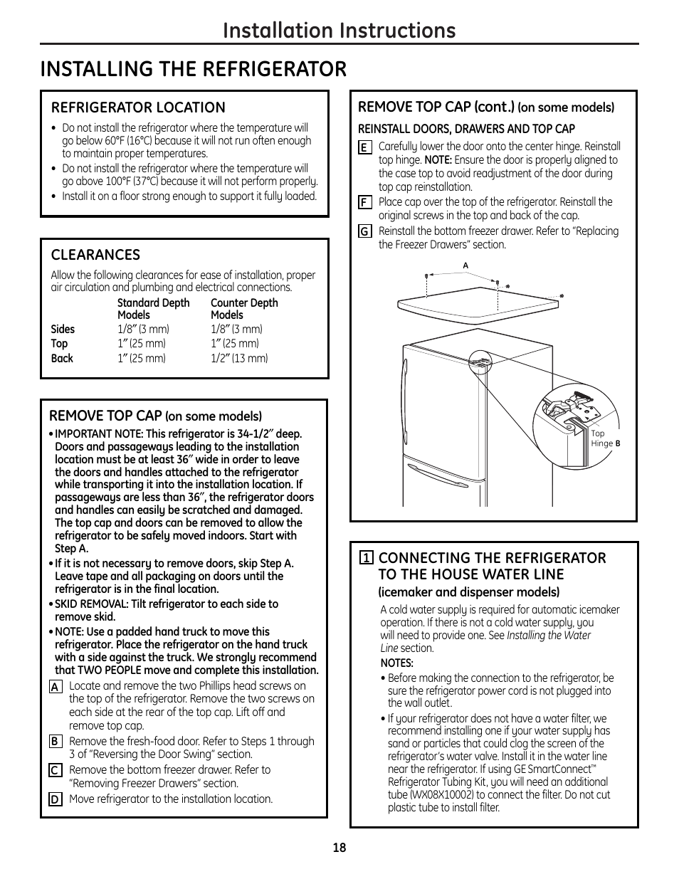 Installing the refrigerator, Installing the refrigerator –22, Refrigerator location | Clearances, Remove top cap, Remove top cap (cont.) | GE 225D1804P001 User Manual | Page 18 / 128