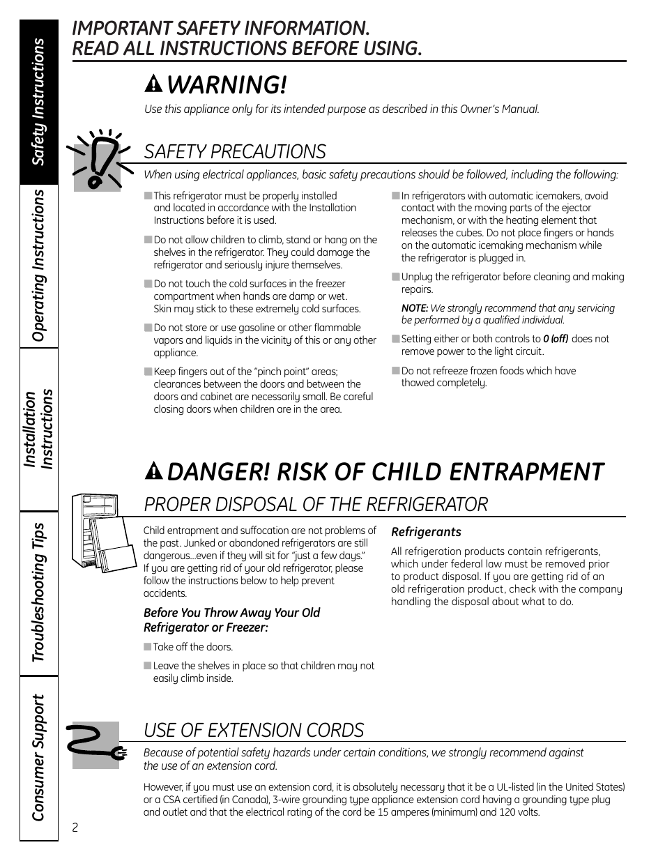 Safety instructions, Warning, Danger! risk of child entrapment | Safety precautions, Proper disposal of the refrigerator, Use of extension cords | GE 225D1804P001 User Manual | Page 2 / 128