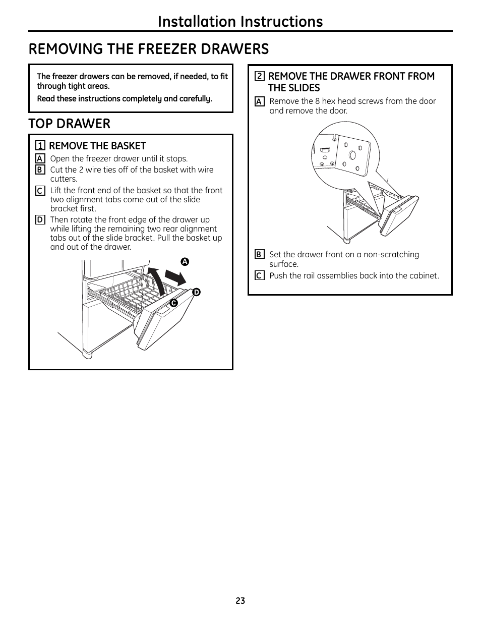 Removing and replacing the freezer drawers, Removing and replacing the freezer drawers –26, Top drawer | GE 225D1804P001 User Manual | Page 23 / 128