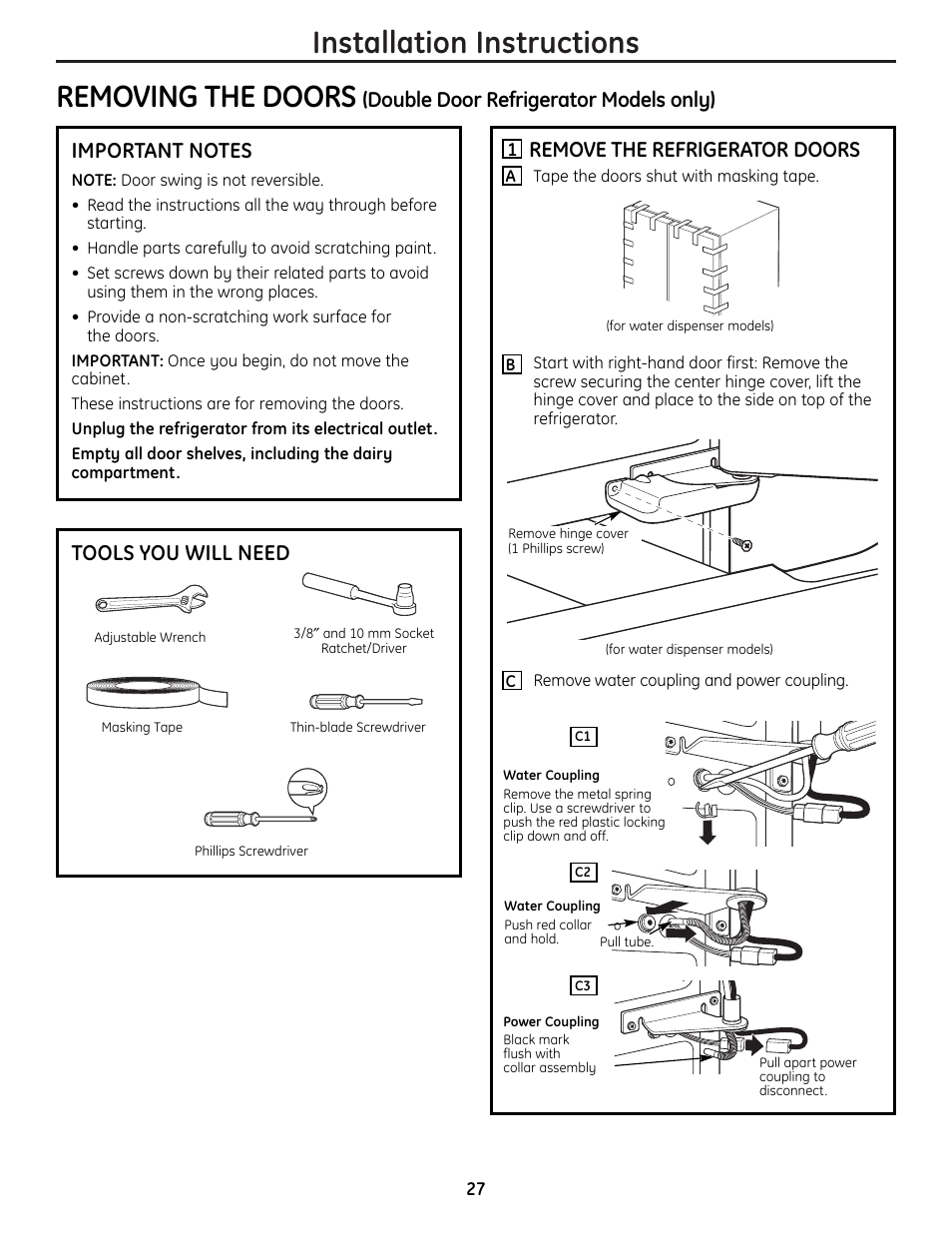 Installation instructions removing the doors, Remove the refrigerator doors, Tools you will need | GE 225D1804P001 User Manual | Page 27 / 128