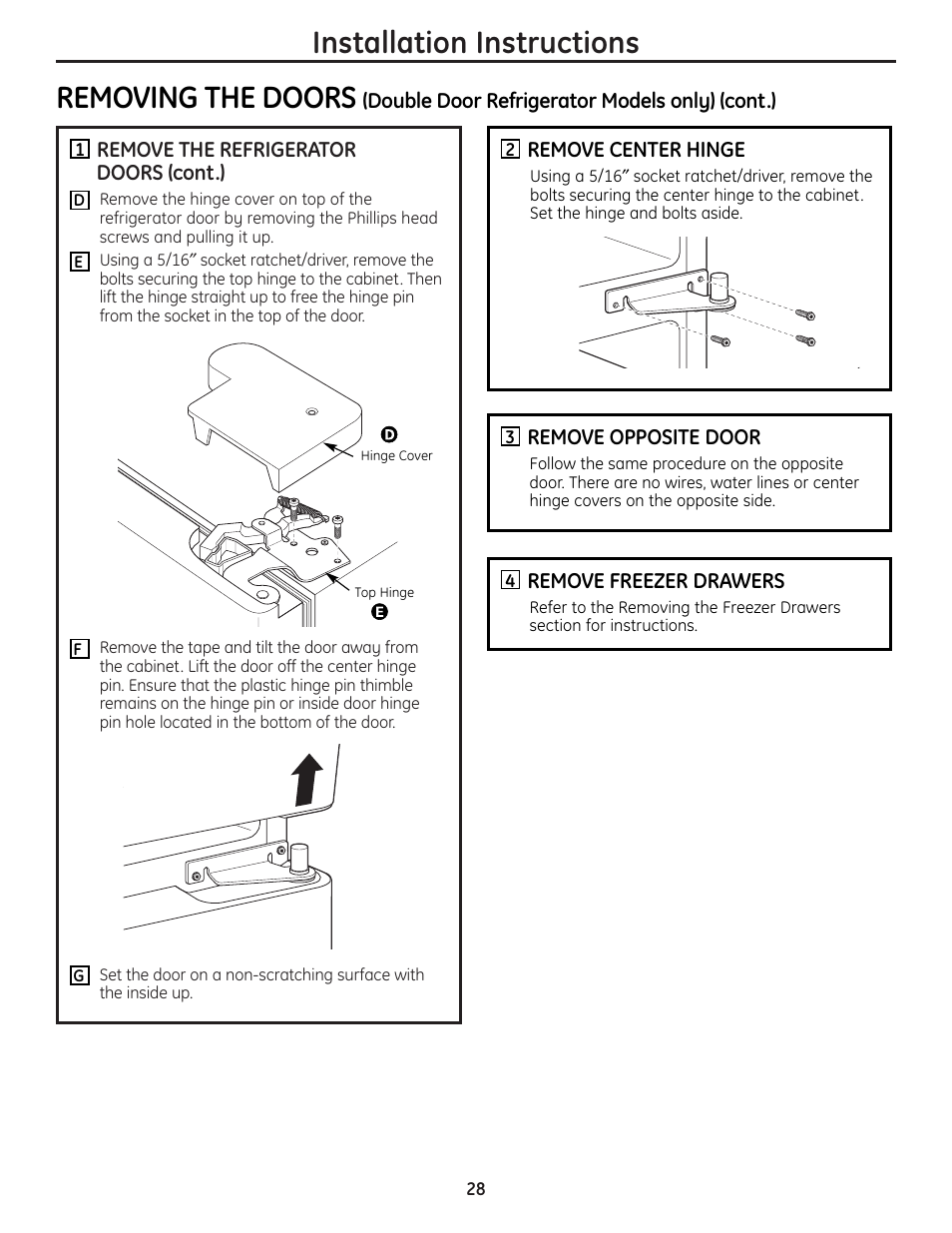 Installation instructions, Removing the doors | GE 225D1804P001 User Manual | Page 28 / 128