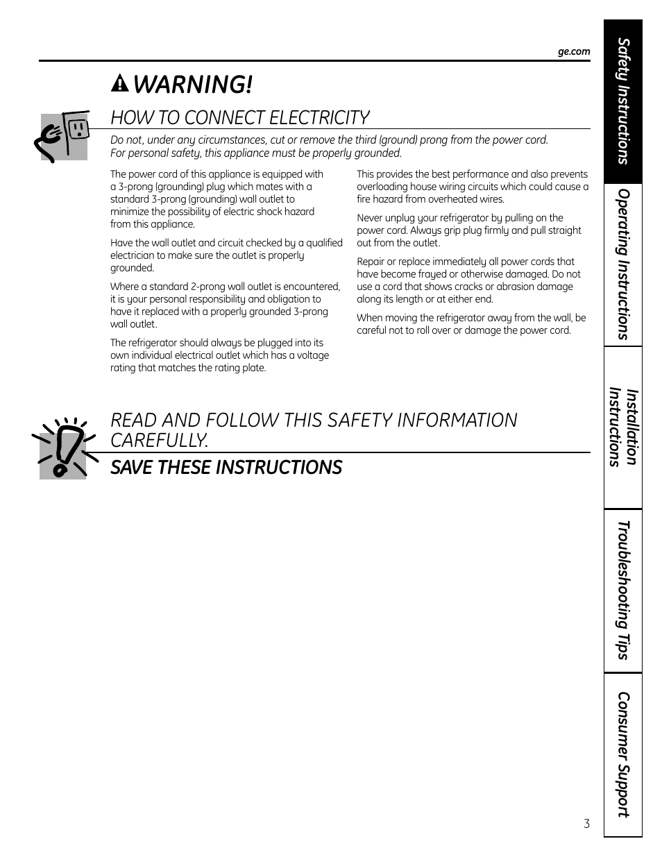 Warning, How to connect electricity | GE 225D1804P001 User Manual | Page 3 / 128