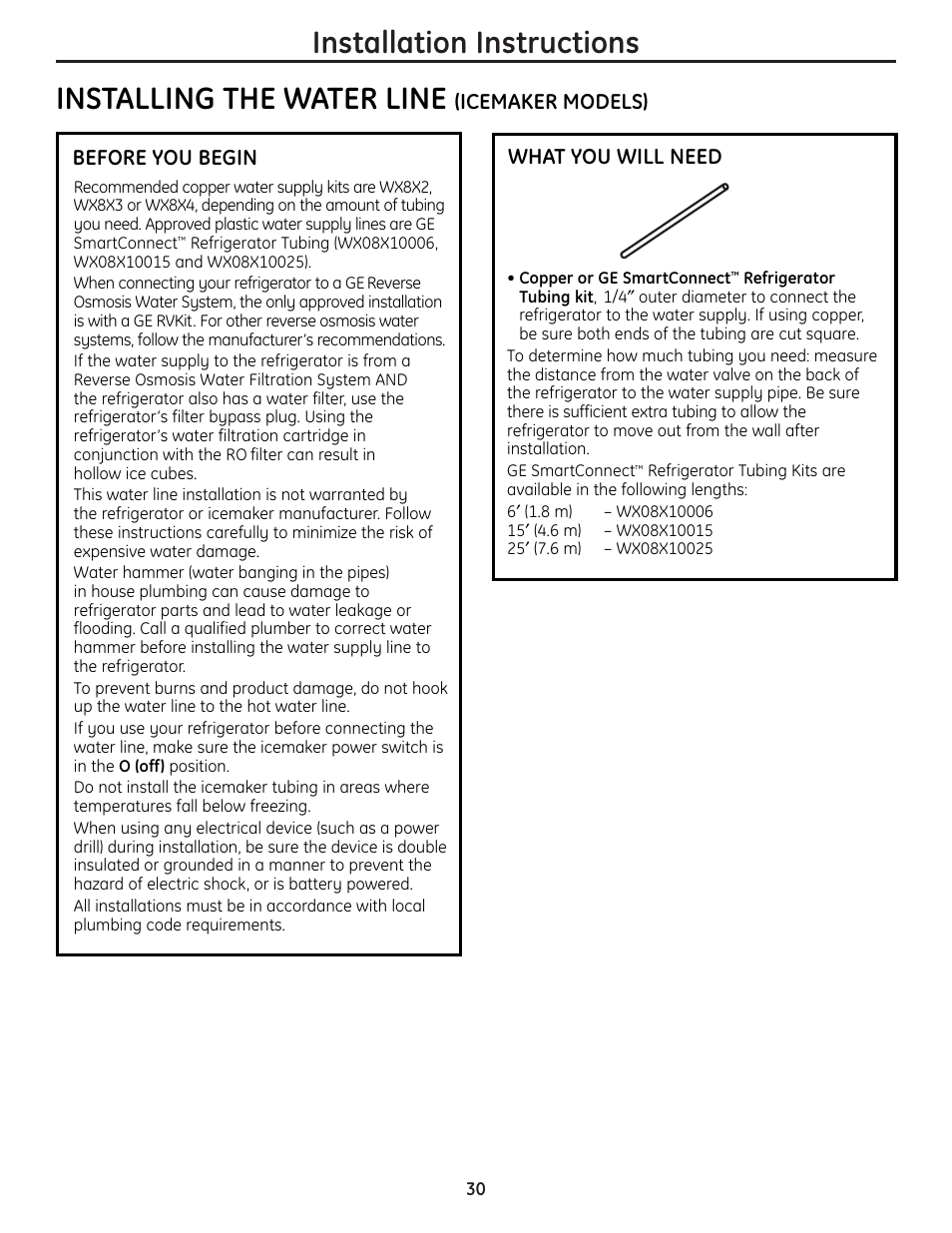 Installing the water line, Installing the water line –32, Installation instructions | GE 225D1804P001 User Manual | Page 30 / 128