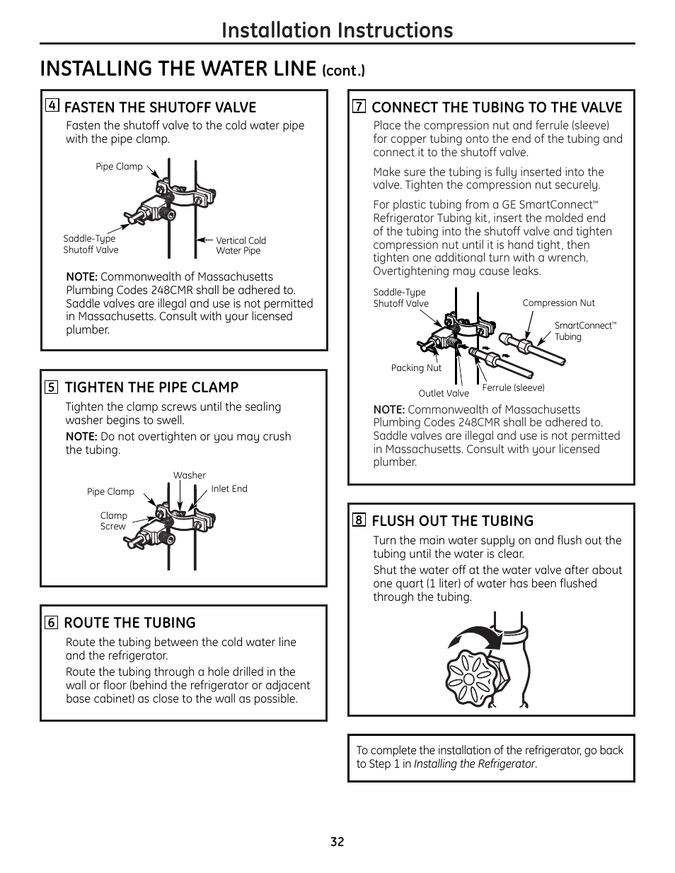 Installation instructions, Installing the water line, Connect the tubing to the valve | Flush out the tubing, Fasten the shutoff valve, Tighten the pipe clamp, Route the tubing, Cont.) | GE 225D1804P001 User Manual | Page 32 / 128