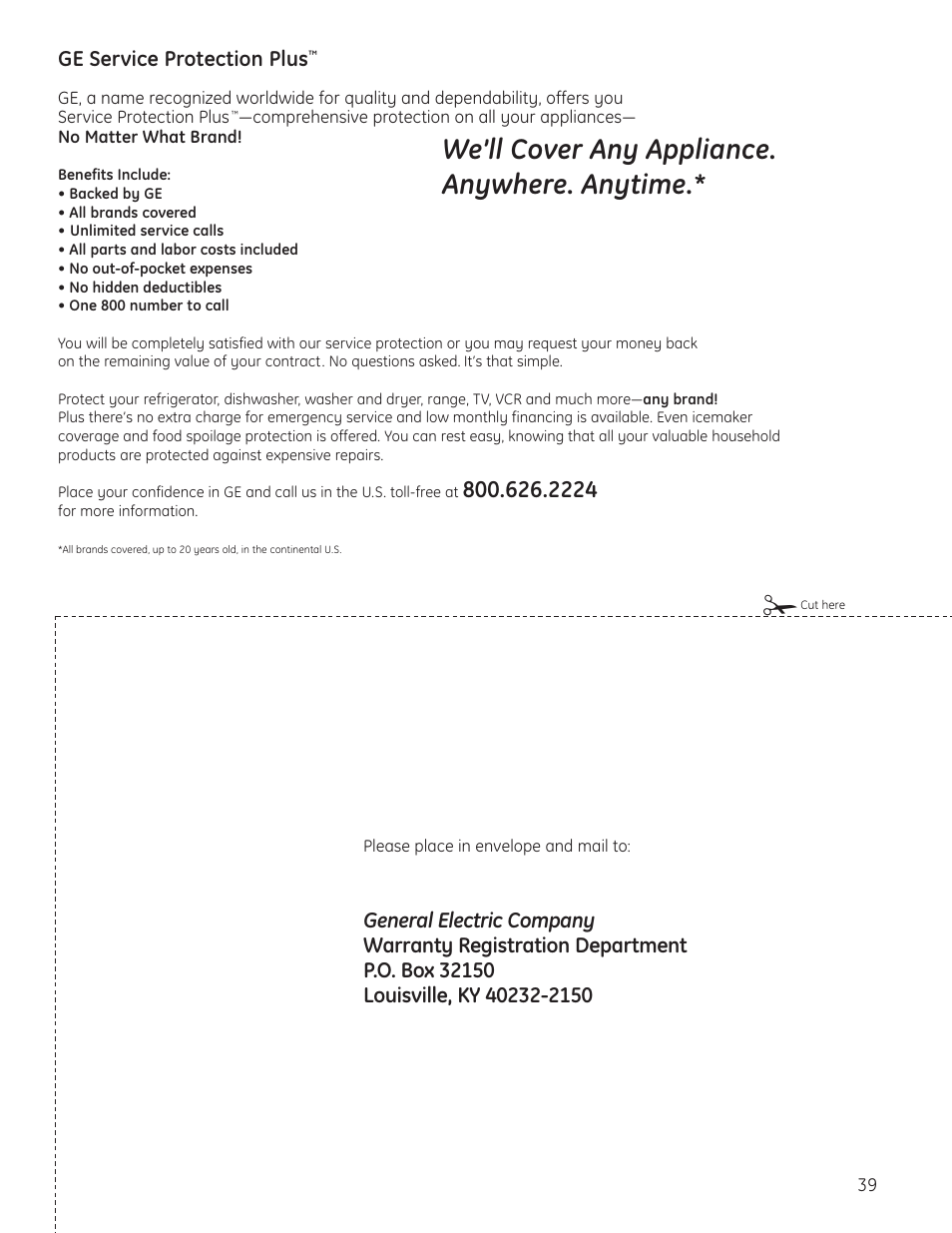 Product registration for u.s. customers, Product registration for u.s. customers , 40, We’ll cover any appliance. anywhere. anytime | GE 225D1804P001 User Manual | Page 39 / 128