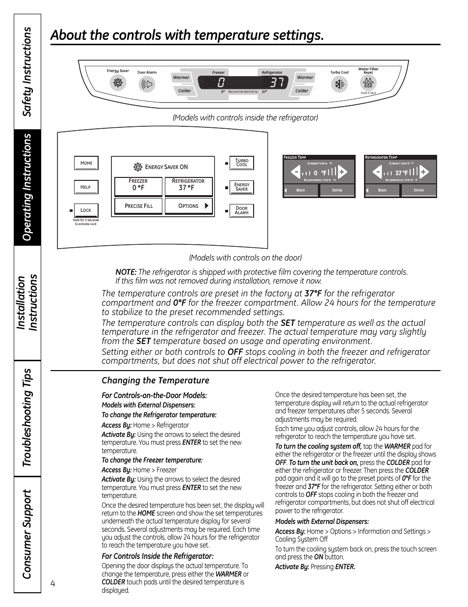 Controls, Controls –5, About the controls with temperature settings | GE 225D1804P001 User Manual | Page 4 / 128