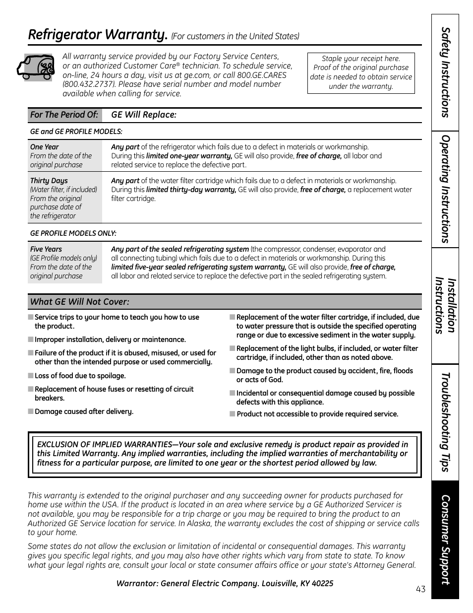 Warranty for u.s. customers, Refrigerator warranty | GE 225D1804P001 User Manual | Page 43 / 128