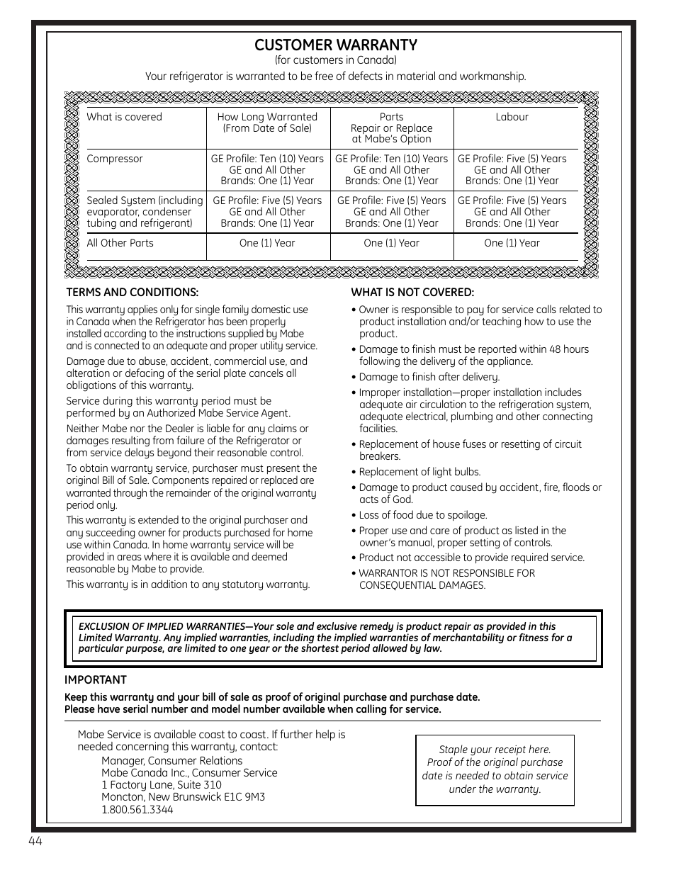 Warranty for canadian customers, Customer warranty | GE 225D1804P001 User Manual | Page 44 / 128